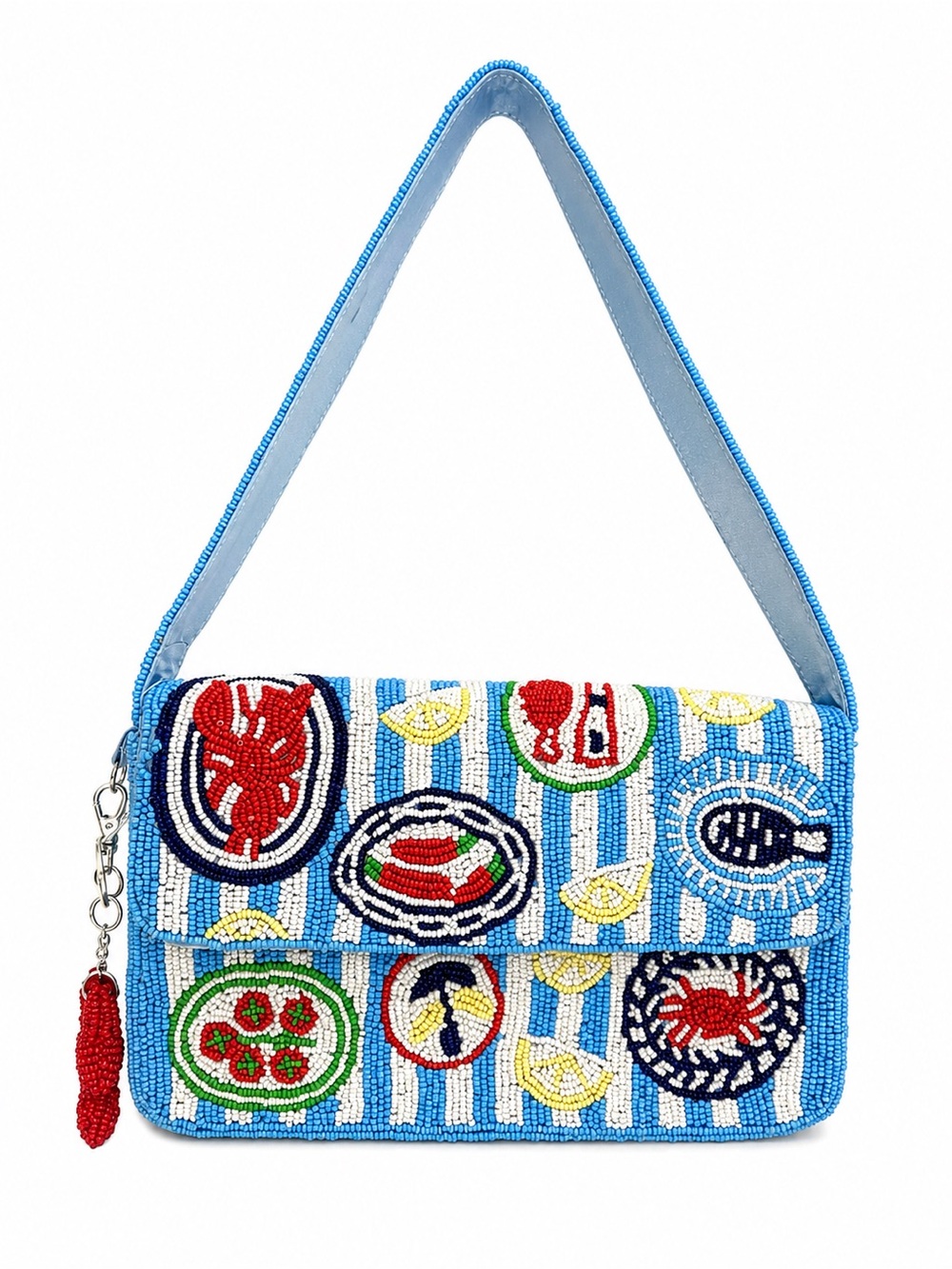 Viral Coastal  Beaded Seafood blue stripes  Shoulder Bag-BWT